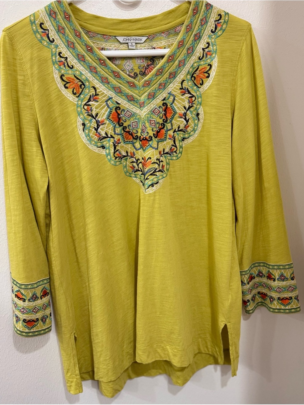 John Mark Art Teacher Embroidered Tunic Lime Green Top Artsy Boho Cotton Modal S